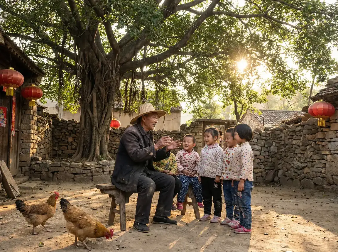 老人在大榕树下给孩子们讲故事 - 涩涩导航视频 乡村记忆